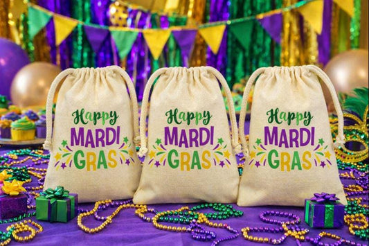 Mardi Gras Party Favor Bags, Cotton Drawstring Treat Bags