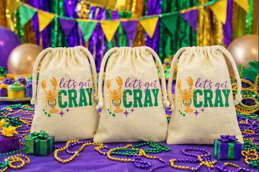 Mardi Gras "LET'S GET CRAY" Cotton Drawstring Treat Bags