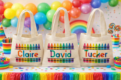 Rainbow Party Favor Bags, Personalized Crayon Treat Bags, Set of 3