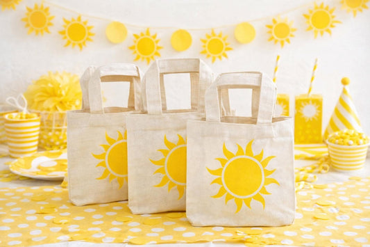 Sunshine Party Favor Bags – Yellow Sun Canvas Treat Bags
