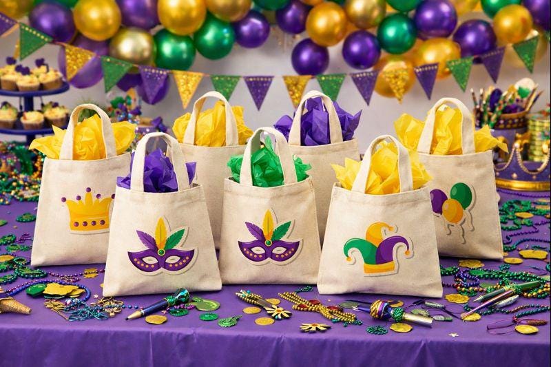 Mardi Gras Party Favor Bags - Set of Six Cotton Bags