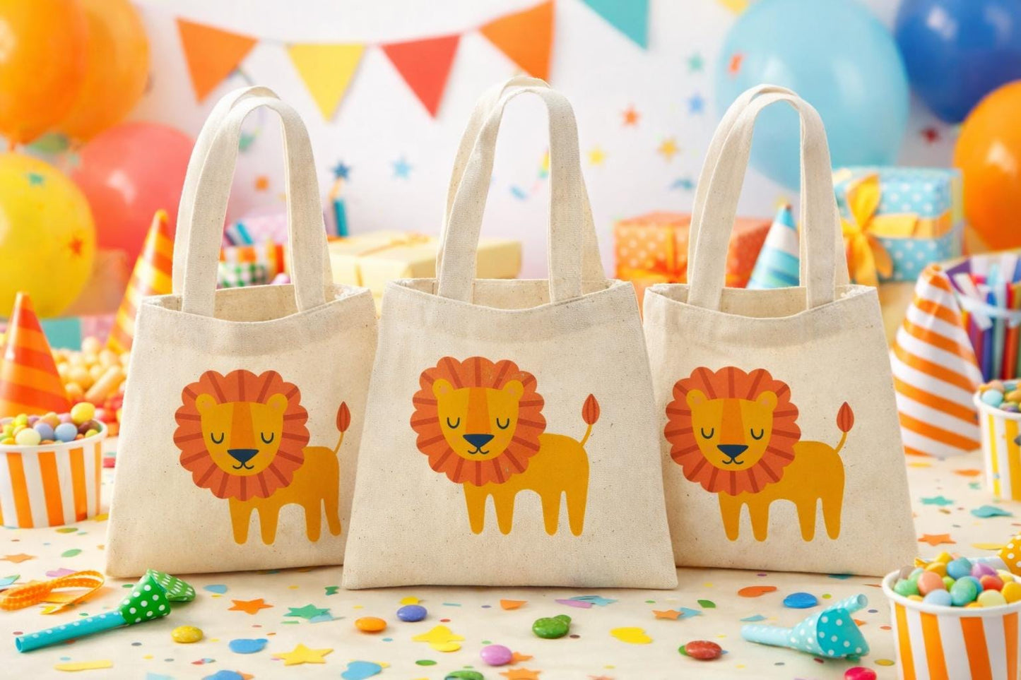 3 Lion Cotton Treat Bags, Safari Jungle Party Favors