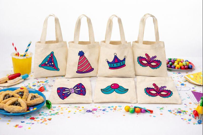 Purim Party Favor Bags, Assorted Cotton Goodie Bags, Set of 6