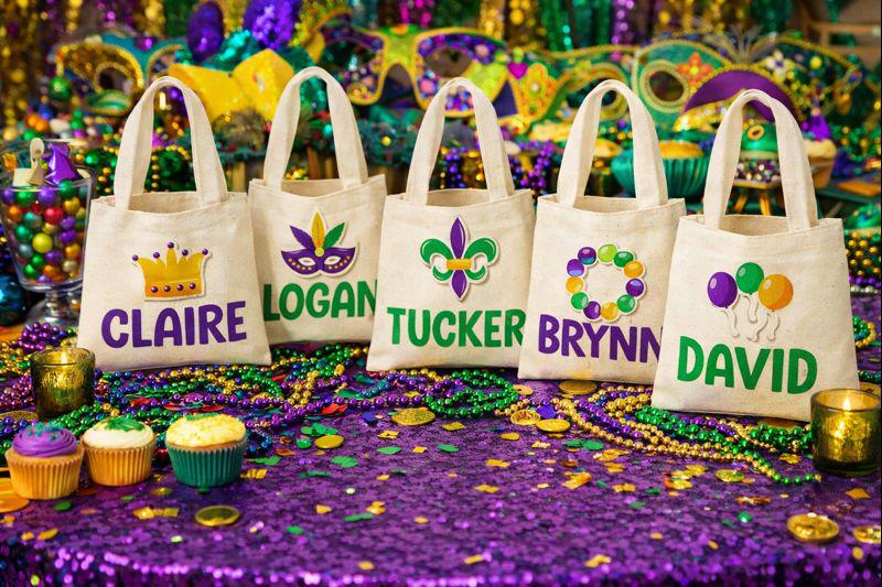 6 Mardi Gras Cotton Party Favor Bags, Reusable Goodie Bags