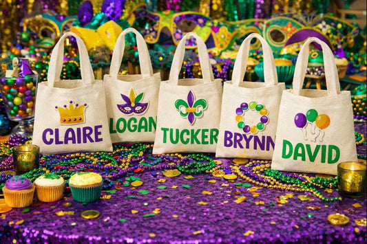 6 Mardi Gras Cotton Party Favor Bags, Reusable Goodie Bags