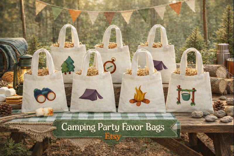 Set of Six Camping-Themed Party Favor Bags