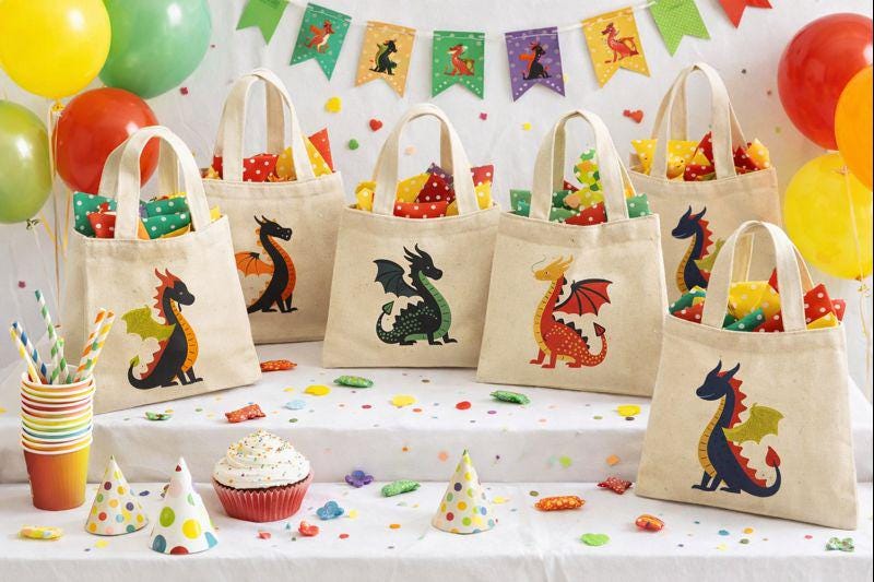Dragon Party Favor Bags – Set of 6 Personalized Canvas Totes