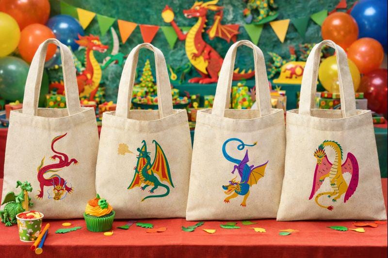Dragon Party Favor Bags, Set of 4 Cotton Goodie Bags