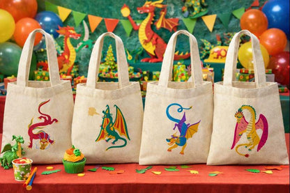 Dragon Party Favor Bags, Set of 4 Cotton Goodie Bags