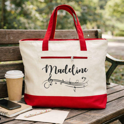 Personalized Music Tote Bag, Zippered Canvas Bag, Musician Gift