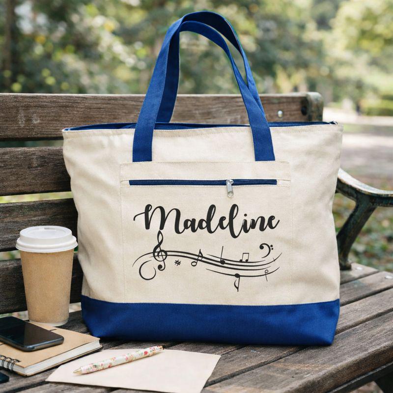 Personalized Music Tote Bag, Zippered Canvas Bag, Musician Gift