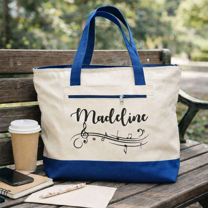 Personalized Music Tote Bag, Zippered Canvas Bag, Musician Gift