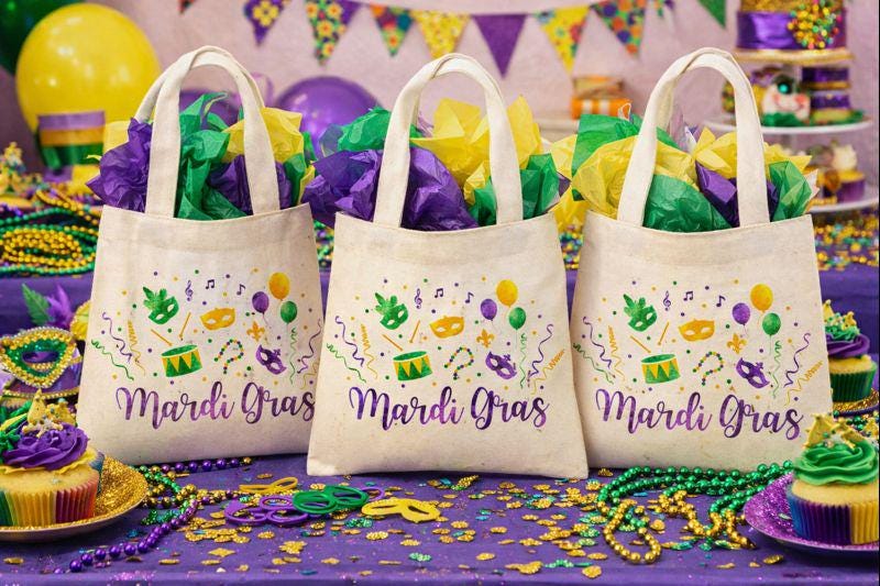 3 Mardi Gras Cotton Treat Bags, Party Favor Bags