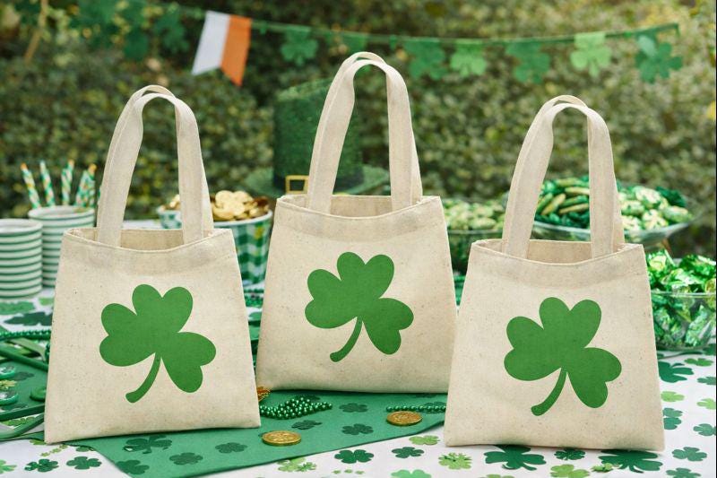 3 St. Patrick's Day Cotton Favor Bags, Shamrock Goodie Bags
