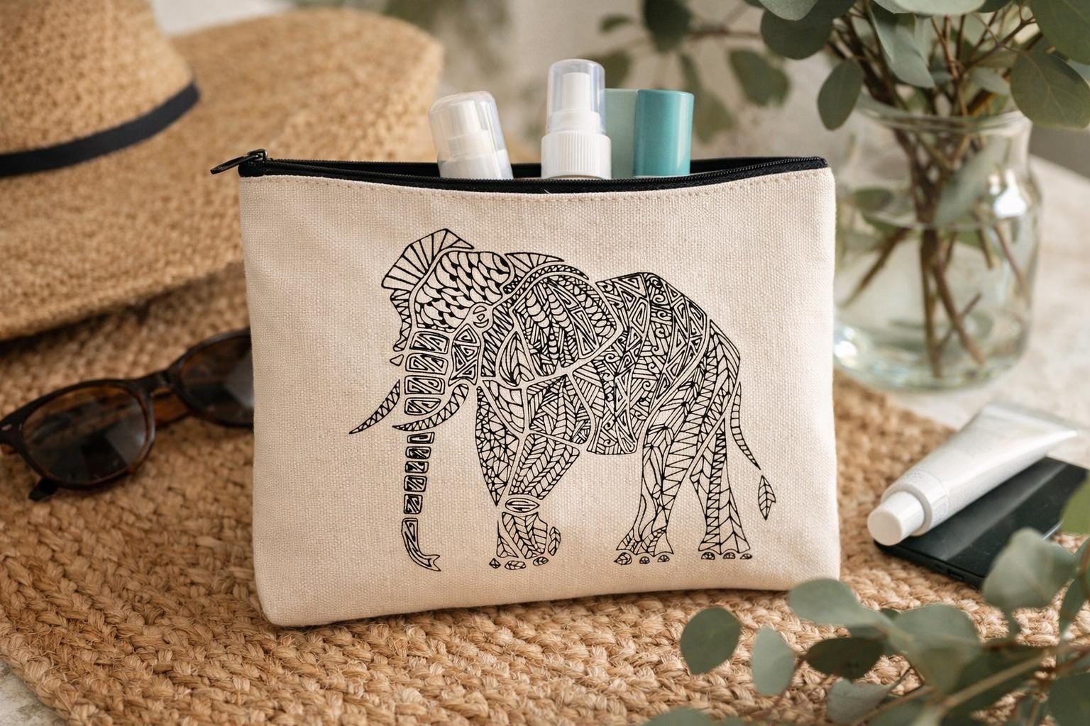 Elephant Canvas Cosmetic Bag, Zippered Makeup Pouch