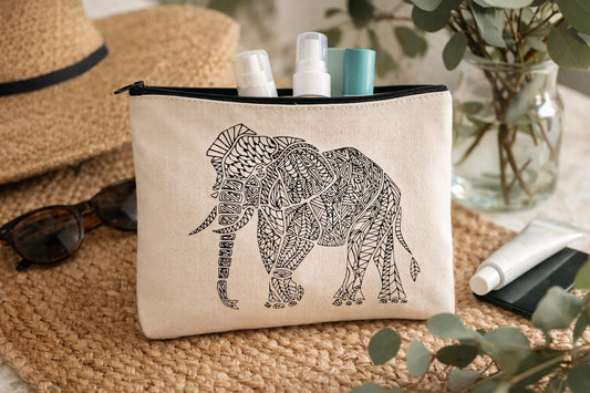 Elephant Canvas Cosmetic Bag, Zippered Makeup Pouch