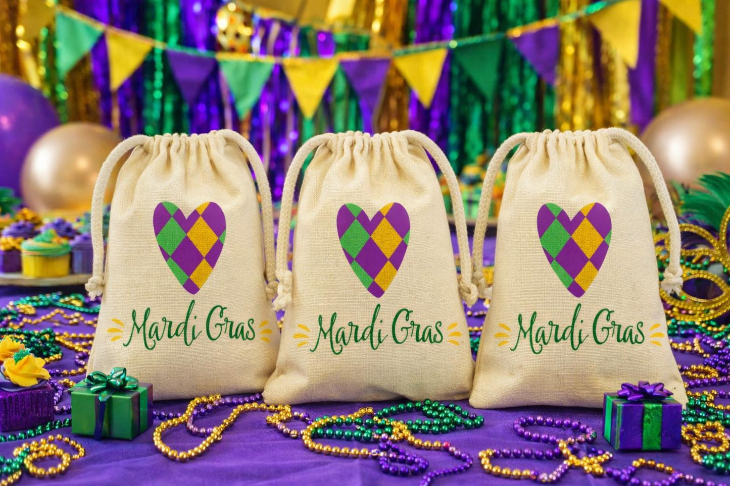 Mardi Gras Party Cotton Treat Bags, Drawstring Favor Bags