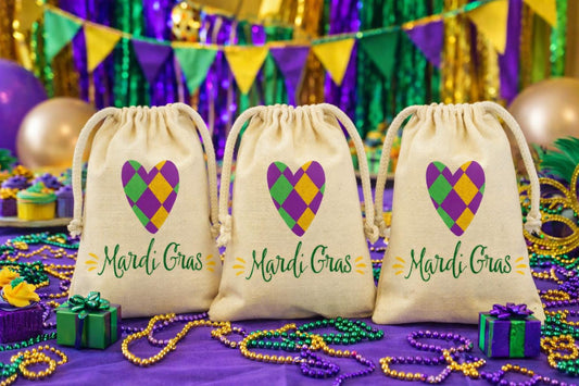 Mardi Gras Party Cotton Treat Bags, Drawstring Favor Bags