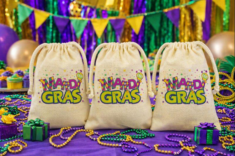 Mardi Gras Cotton Drawstring Treat Bags, Party Favor Bags