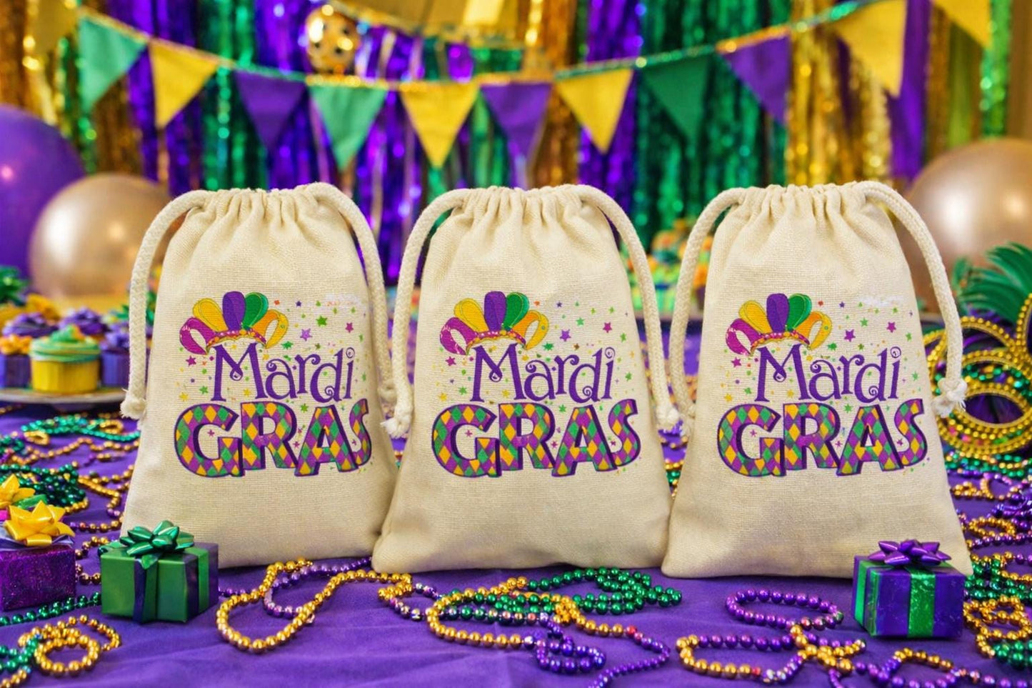 Mardi Gras Party Treat Bag, Cotton Drawstring Favor Bag