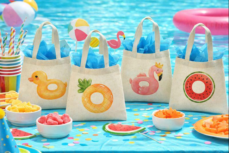 4 Pool Party Favor Bags, Tropical Fruit Cotton Gift Bags