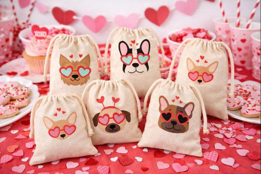 Valentine's Day Party Treat Bags - Drawstring - Set of Five Bags