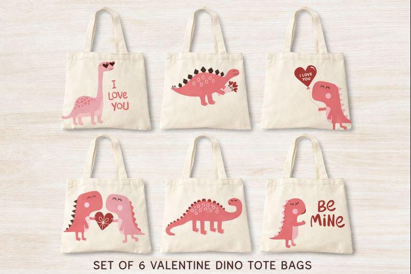 Valentine Dinosaur Treat Bags - Set of Six Bags