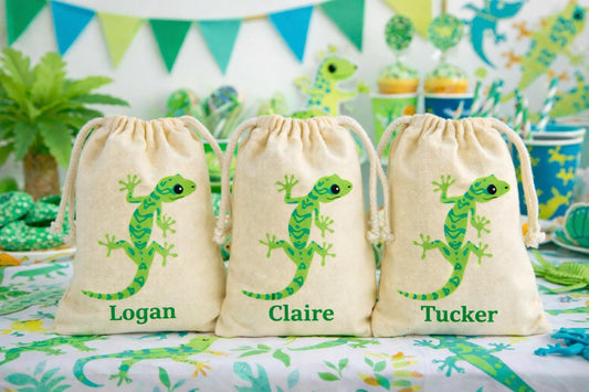 Personalized Lizard Party Favor Bags, Reusable Cotton Goodie Bag