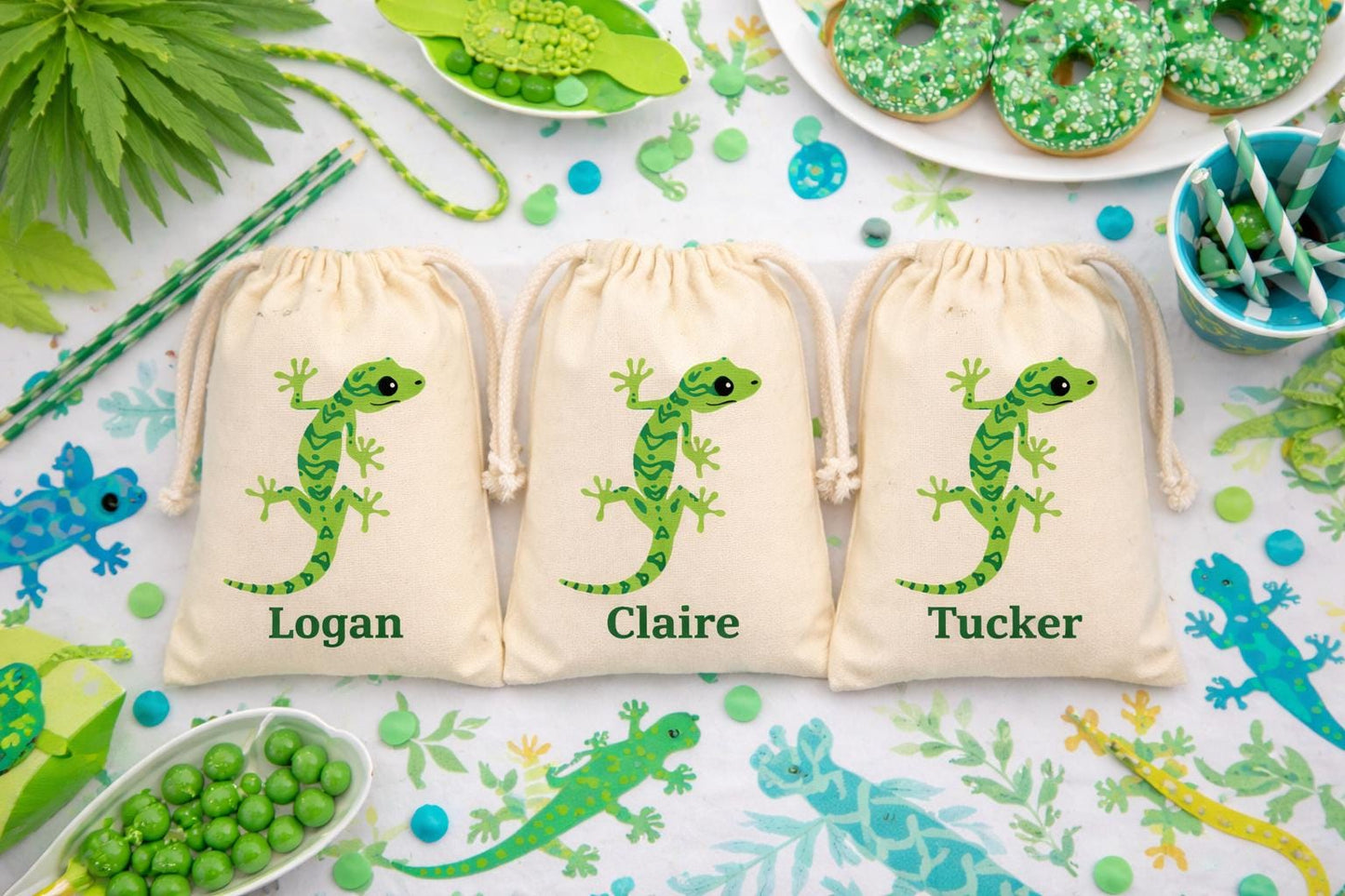 Personalized Lizard Party Favor Bags, Reusable Cotton Goodie Bag