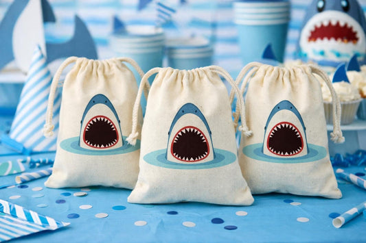 Shark Party Favor Bags – Cotton Drawstring Goodie Bags