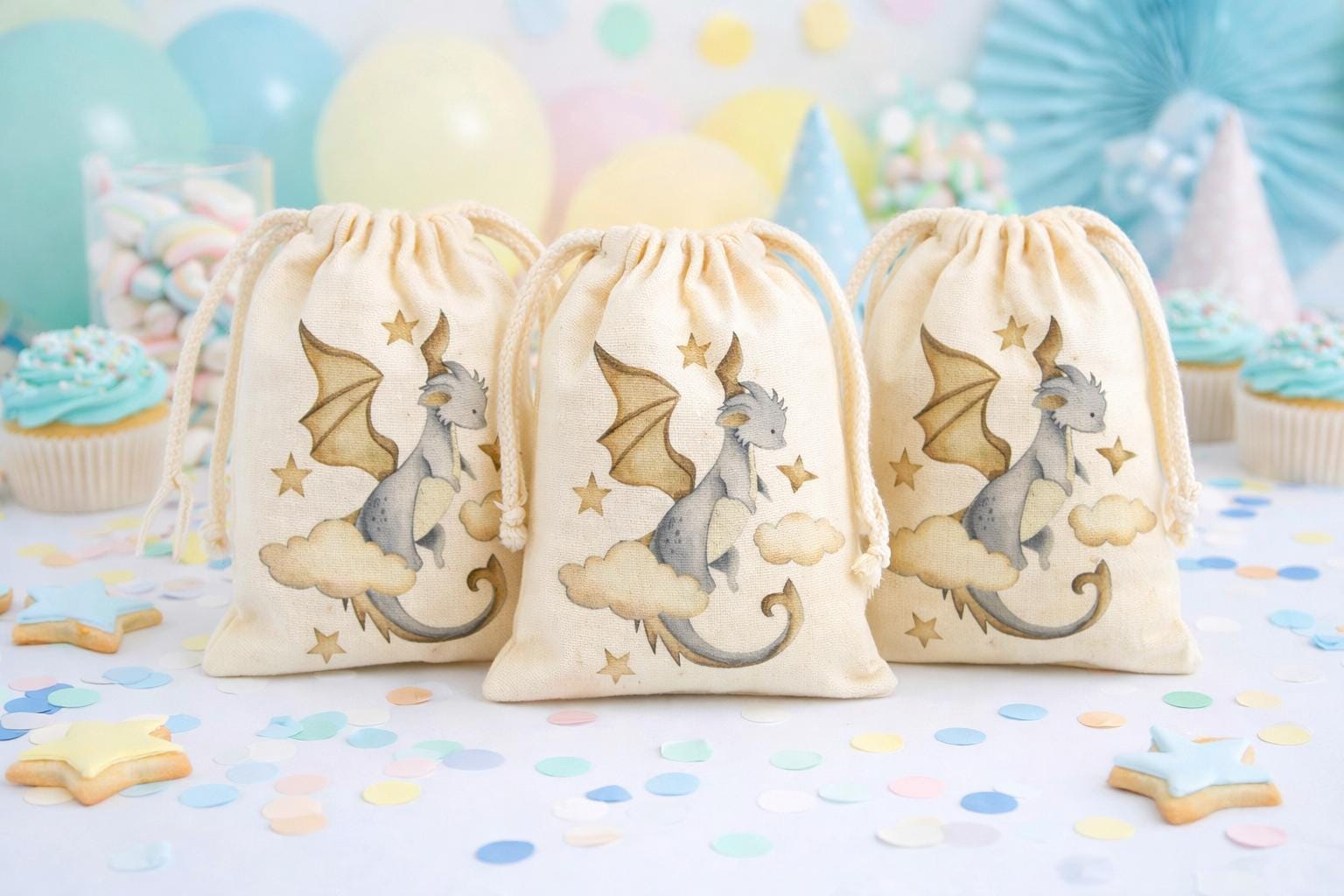 Dragon Party Favor Bags: Cotton Treat Bags - Sold Individually