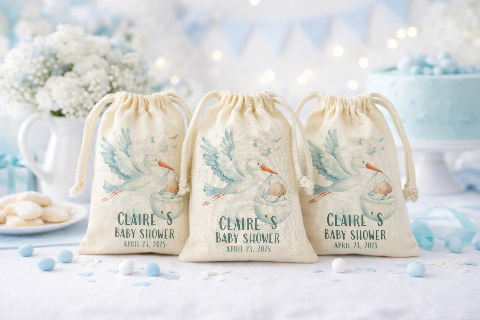 Custom Stork Baby Shower Party Favor Bags - Drawstring