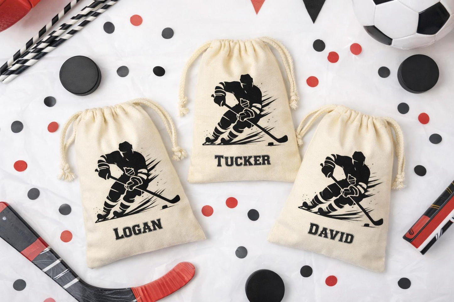 Personalized Hockey Party Favor Bags, Reusable Cotton Goodie Bag