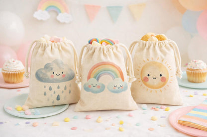 Weather Party Favor Bags – Rainbow Sun Cloud Birthday Goodie Baggies - Set of Three Bags