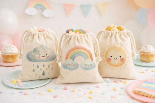 Weather Party Favor Bags – Rainbow Sun Cloud Birthday Goodie Baggies - Set of Three Bags