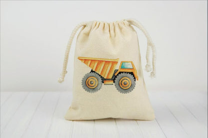 Construction Truck Party Favor Bags – Cotton Canvas Drawstring Treat Bags