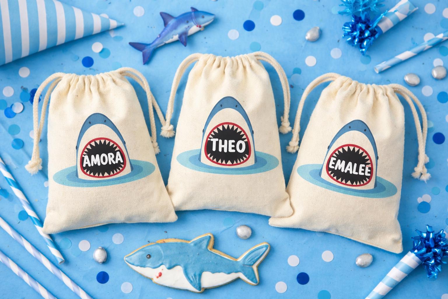Personalized Shark Party Favor Bags - Cotton Goodie Bags