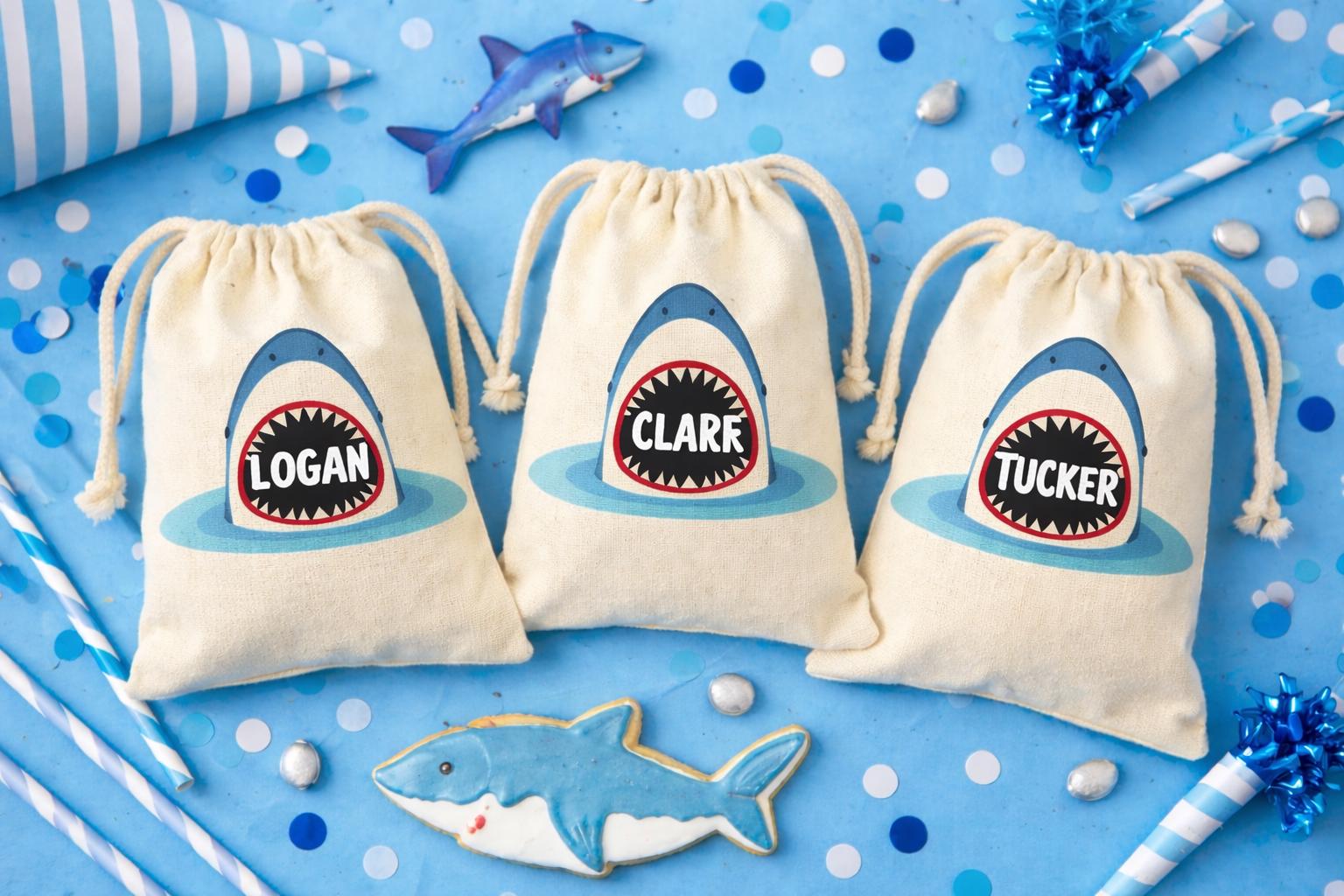 Personalized Shark Party Favor Bags - Cotton Goodie Bags