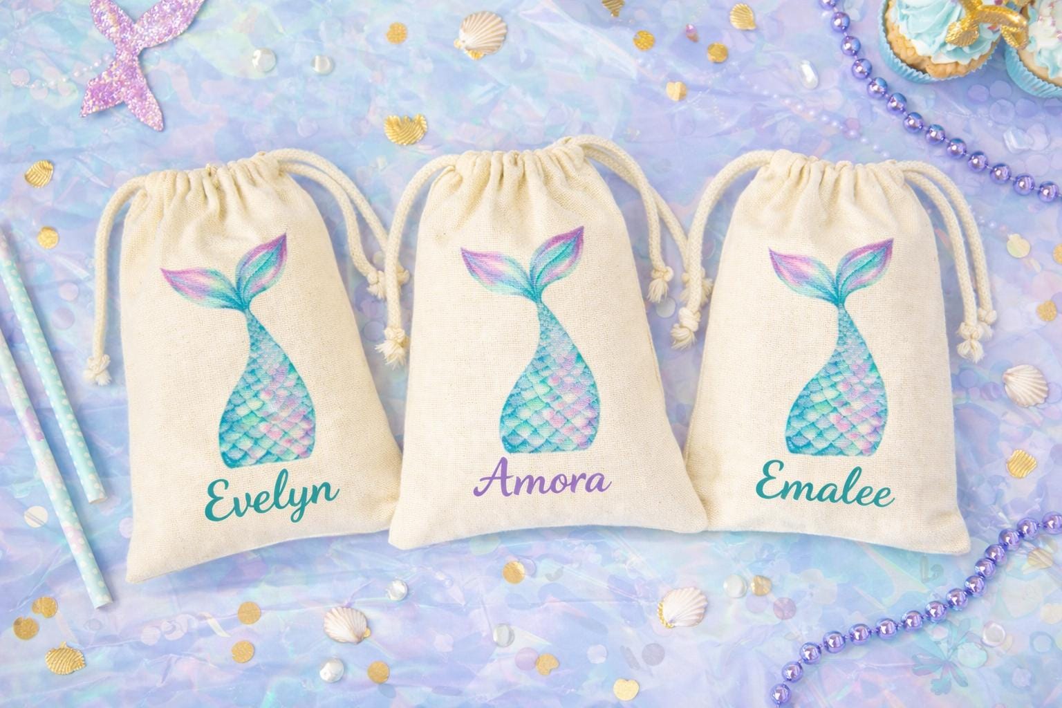 Personalized Mermaid Party Favor Bags - Drawstring