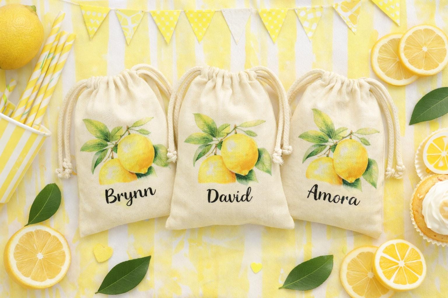 Personalized Lemon Party Favor Bags - Drawstring