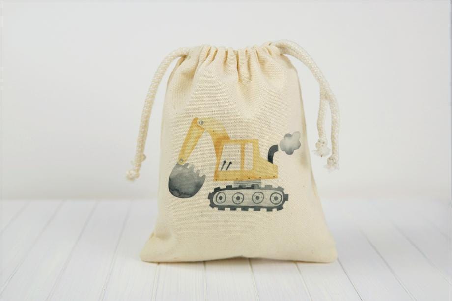Construction Truck Party Favor Bags – Set of Three Cotton Canvas Drawstring Treat Bags