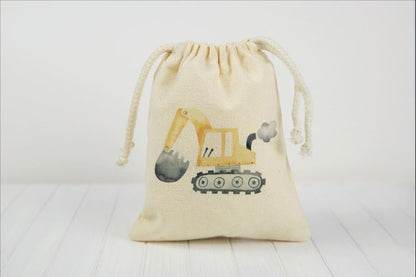 Construction Truck Party Favor Bags – Set of Three Cotton Canvas Drawstring Treat Bags