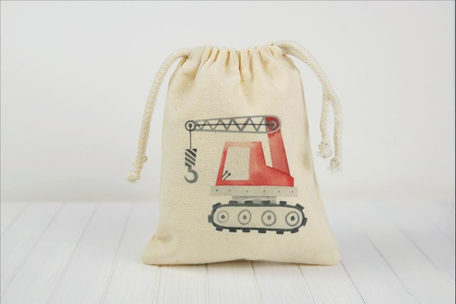 Construction Truck Party Favor Bags – Set of Three Cotton Canvas Drawstring Treat Bags
