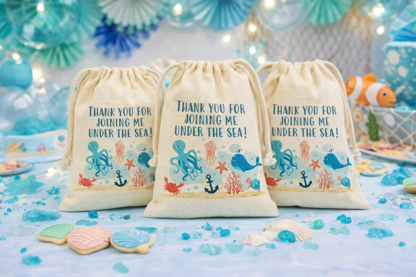 Under The Sea Birthday Party Favor Bags - Canvas Drawstring Goodie Bags
