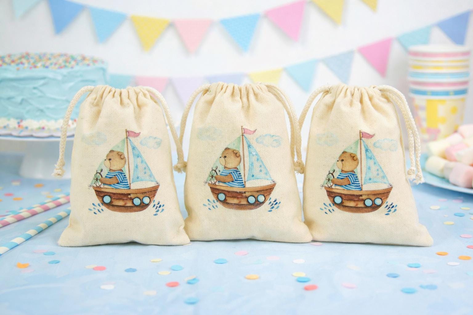 Nautical Sailboat Teddy Bear Birthday Party Favor Bags - Canvas Drawstring Goodie Bags