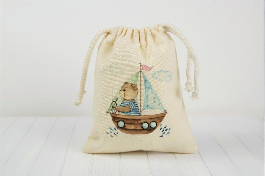 Nautical Sailboat Teddy Bear Birthday Party Favor Bags - Canvas Drawstring Goodie Bags