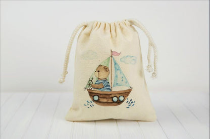 Nautical Sailboat Teddy Bear Birthday Party Favor Bags - Canvas Drawstring Goodie Bags