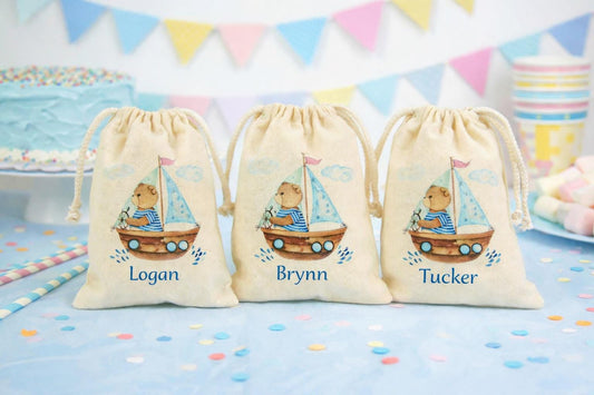Personalized Nautical Sailboat Teddy Bear Birthday Party Favor Bags - Canvas Drawstring Goodie Bags