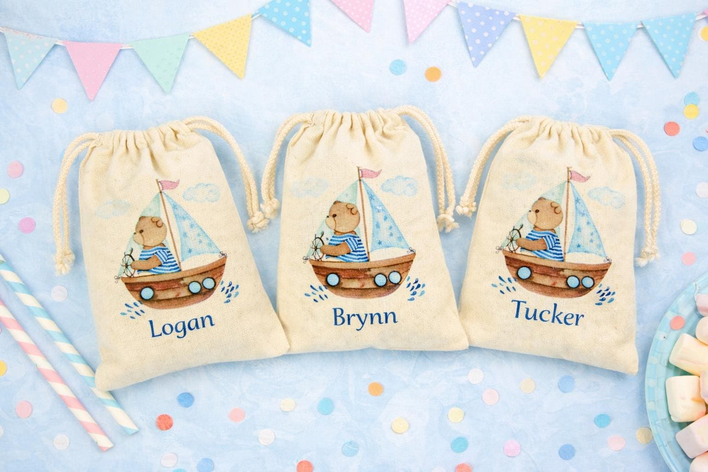 Personalized Nautical Sailboat Teddy Bear Birthday Party Favor Bags - Canvas Drawstring Goodie Bags