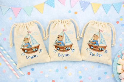 Personalized Nautical Sailboat Teddy Bear Birthday Party Favor Bags - Canvas Drawstring Goodie Bags